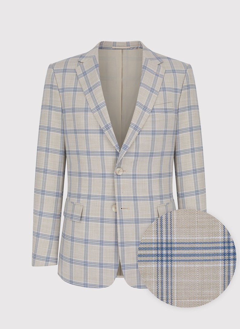 Beżowy garnitur w niebieską kratę