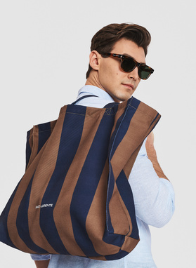 Brązowo-granatowa torba plażowa w pasy