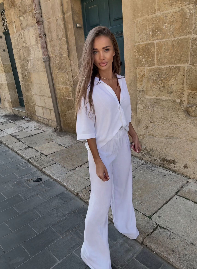 Lniany komplet damski CELEBRYTKA biały