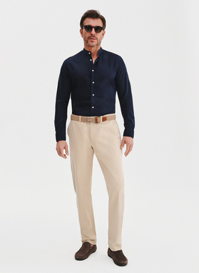 Lniana granatowa koszula męska ze stójką