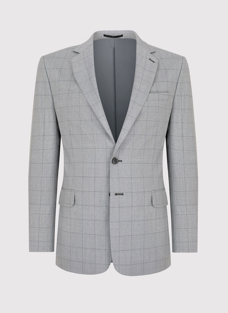 Szary wełniany garnitur męski w kratkę