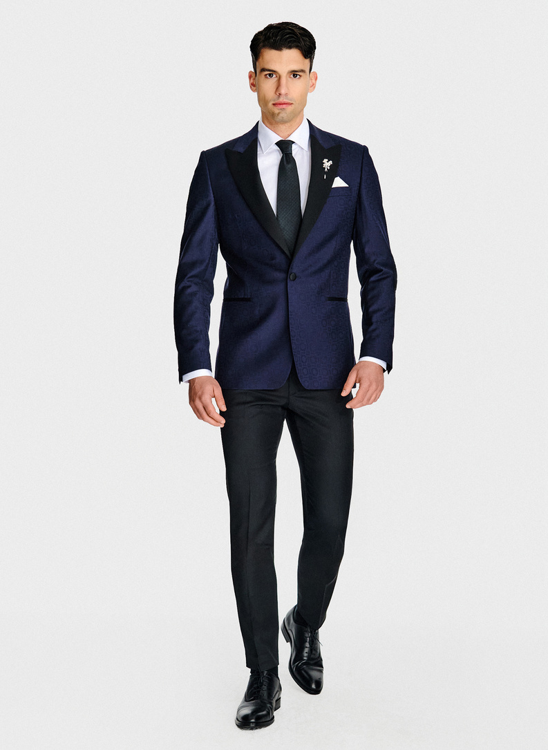 Ślubna żakardowa marynarka smokingowa w kolorze granatowym