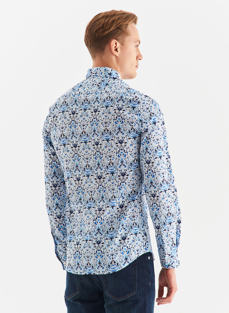 Biała koszula męska w niebieski roślinny wzór