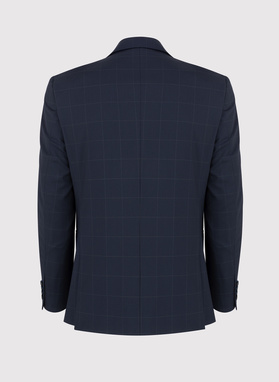 Granatowy garnitur dwurzędowy w subtelną kratę