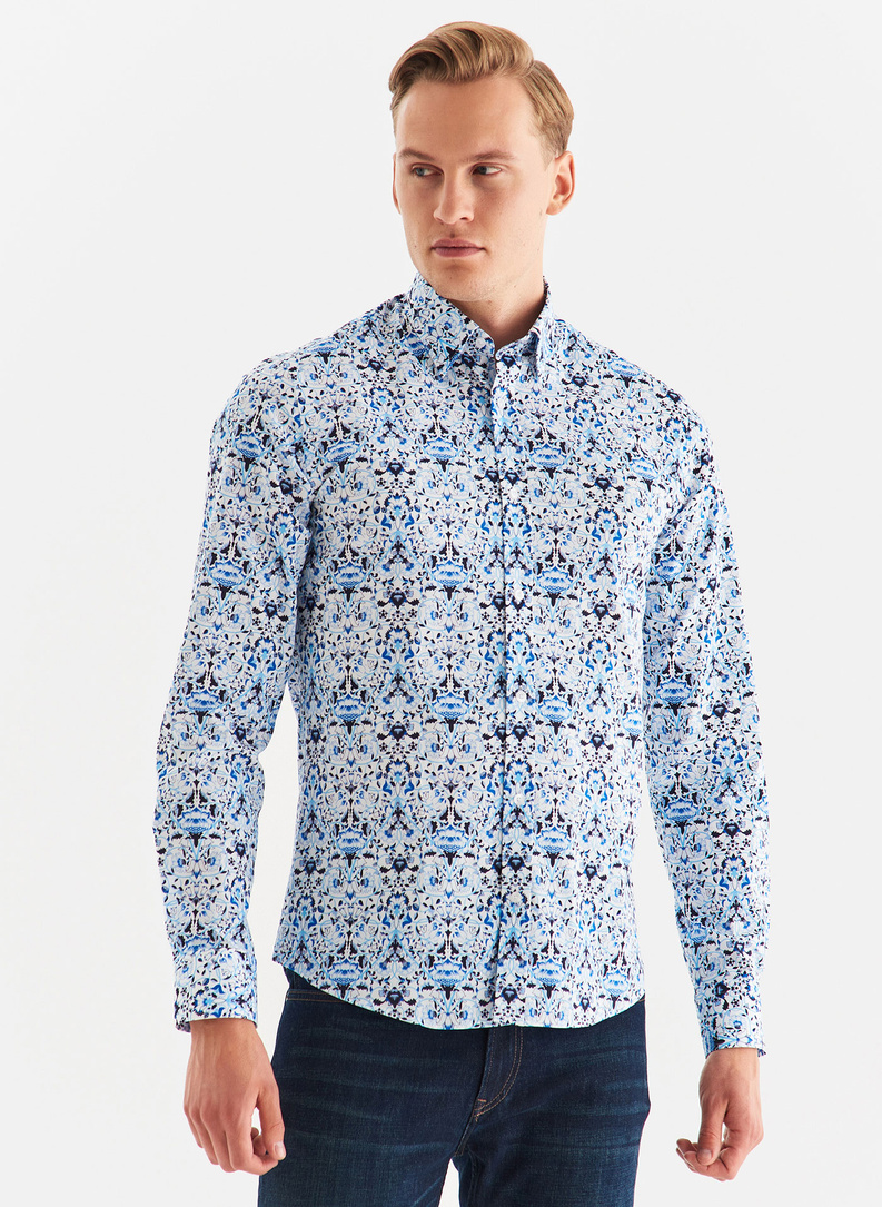 Biała koszula męska w niebieski roślinny wzór
