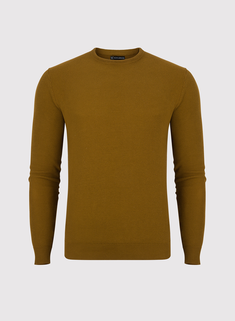 Musztardowy sweter męski z okrągłym dekoltem