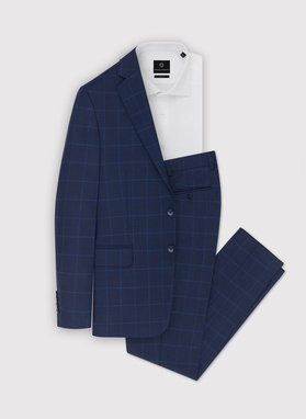 Dwuczęściowy granatowy garnitur męski w niebieską kratę