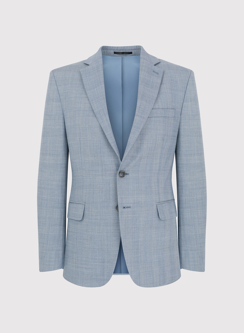 Dwuczęściowy niebieski garnitur męski w kraciasty deseń