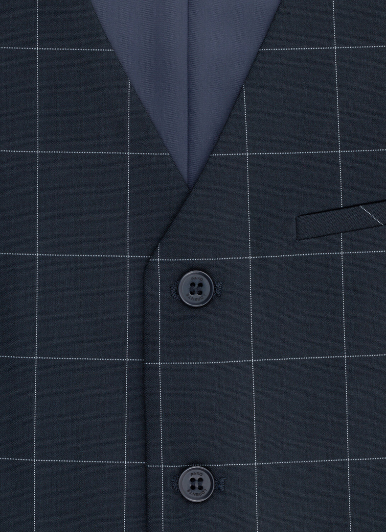 Trzyczęściowy granatowy garnitur męski w kratę