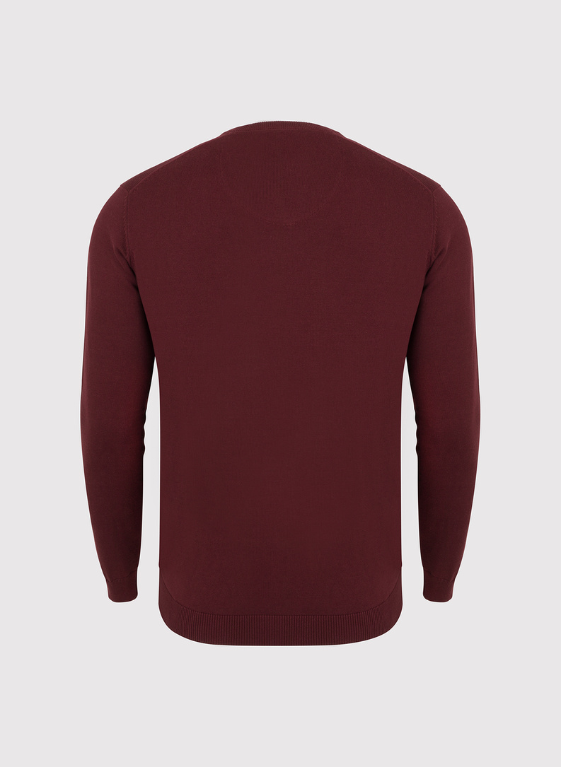 Bordowy gładki sweter męski z dekoltem w serek