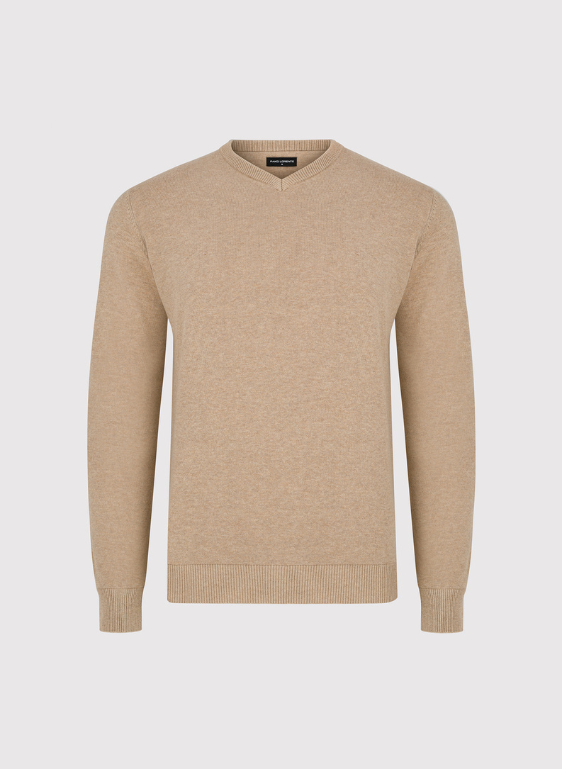 Beżowy sweter męski z dekoltem w serek