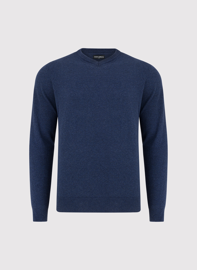 Granatowy sweter męski z dekoltem w serek