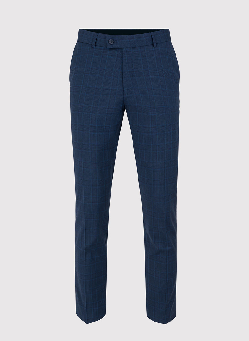 Granatowe spodnie garniturowe w delikatną niebieską kratkę