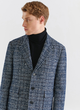 Granatowy męski płaszcz w kratę