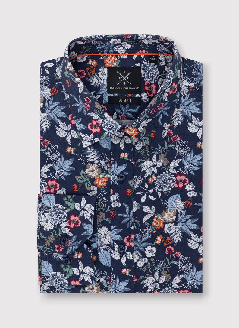 Granatowa koszula w kolorowy wzór