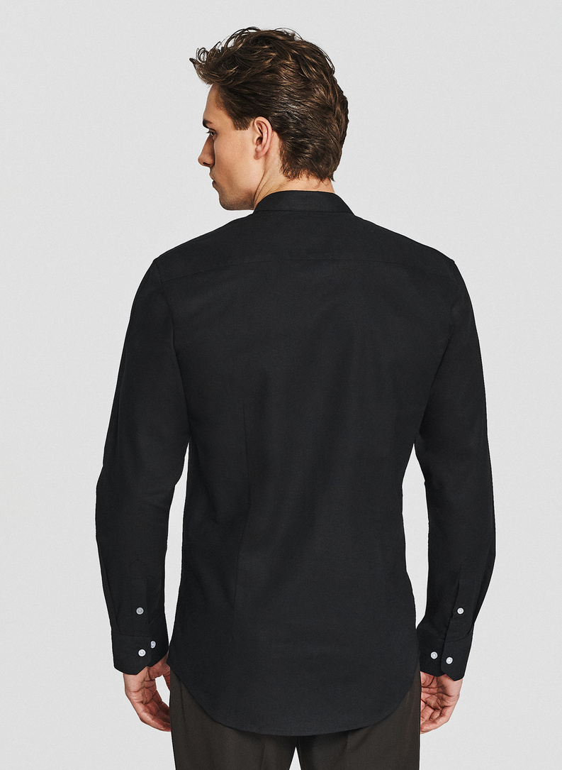 Lniana czarna koszula z kołnierzem stójką