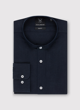 Lniana granatowa koszula męska ze stójką