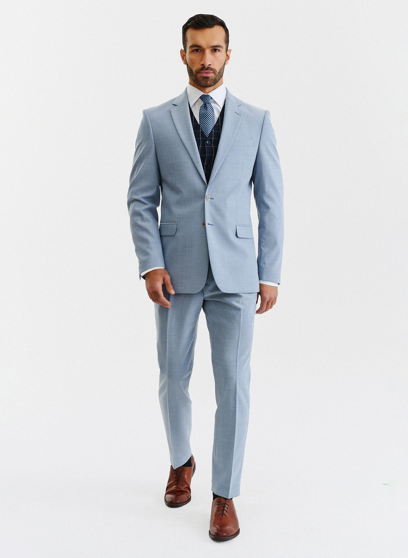 Błękitne spodnie garniturowe o widocznej strukturze