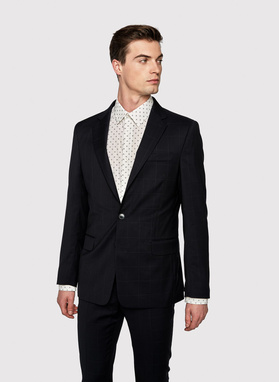 Granatowy wełniany garnitur w kratę