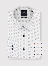 Biała koszula w granatowo-beżowy mikrowzór