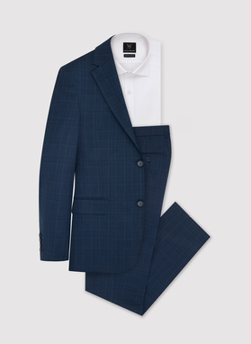 Granatowy garnitur w delikatną niebieską kratkę