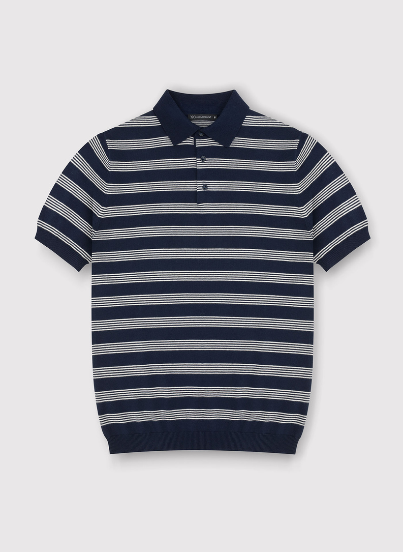 Granatowy T-shirt polo w jasne paski