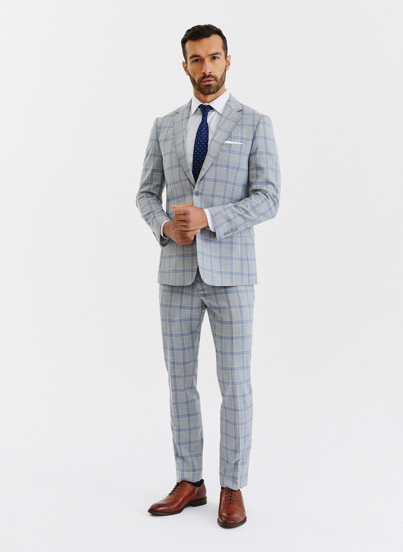 Szara marynarka garniturowa w niebiesko-białą kratę