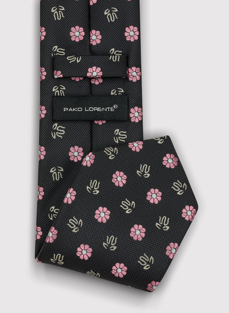 Czarny krawat męski w kwiecisty wzór