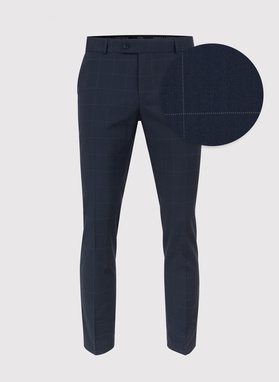 Granatowy garnitur dwurzędowy w subtelną kratę