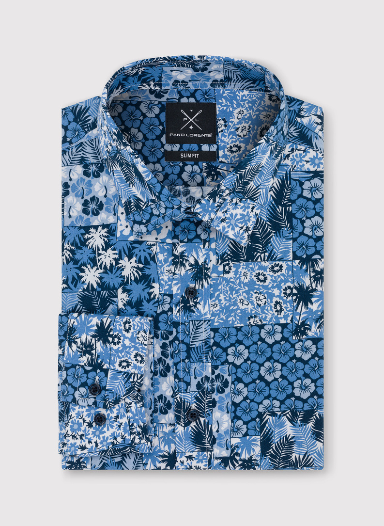 Niebieska koszula w hawajskie wzory