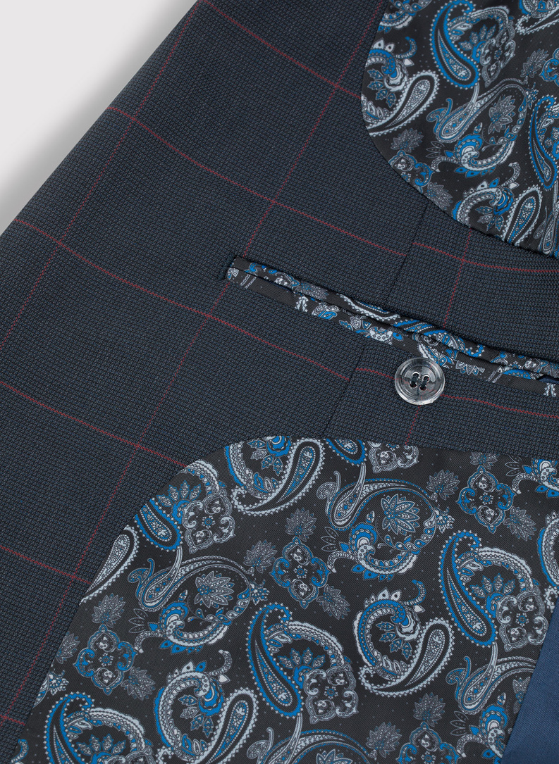 Granatowa marynarka garniturowa w bordową kratę Windowpane