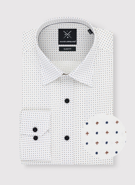 Biała koszula w granatowo-beżowy mikrowzór