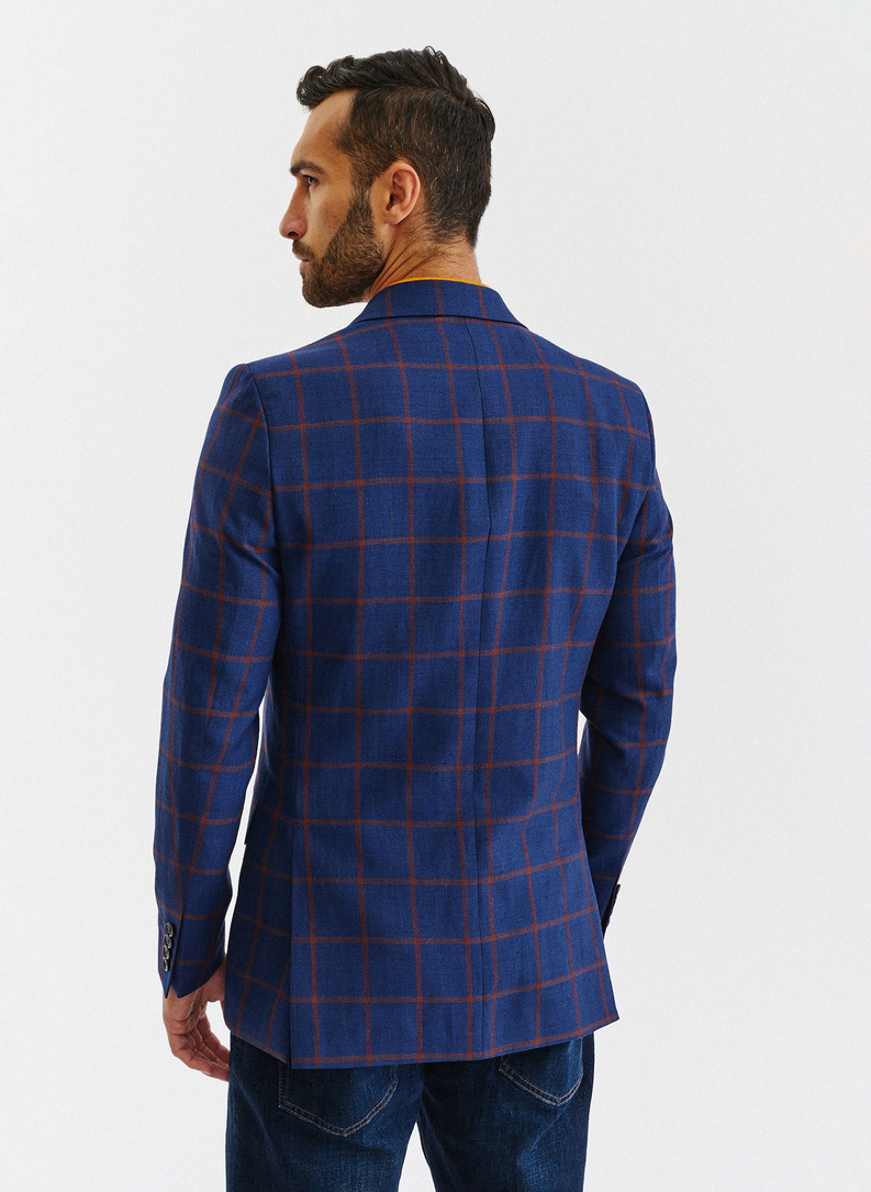 Granatowa casualowa marynarka męska w rudą kratę