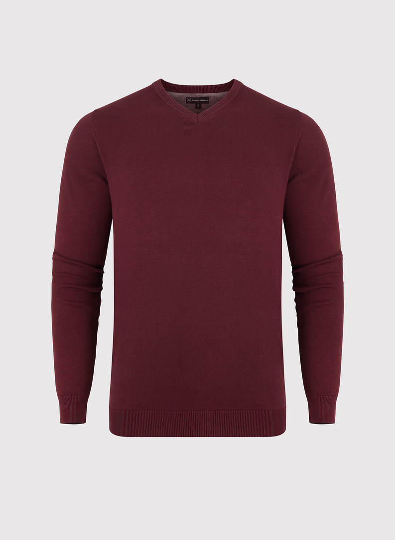 Bordowy gładki sweter męski z dekoltem w serek