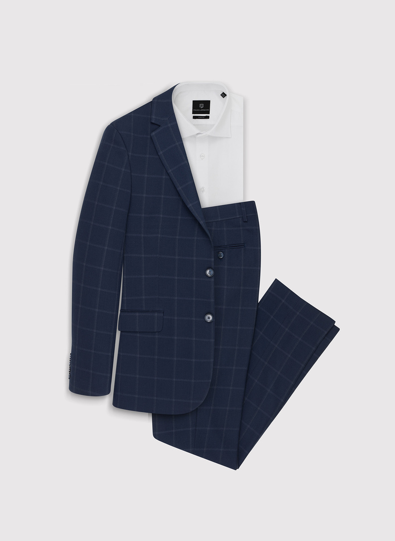 Granatowe spodnie garniturowe w kratę 