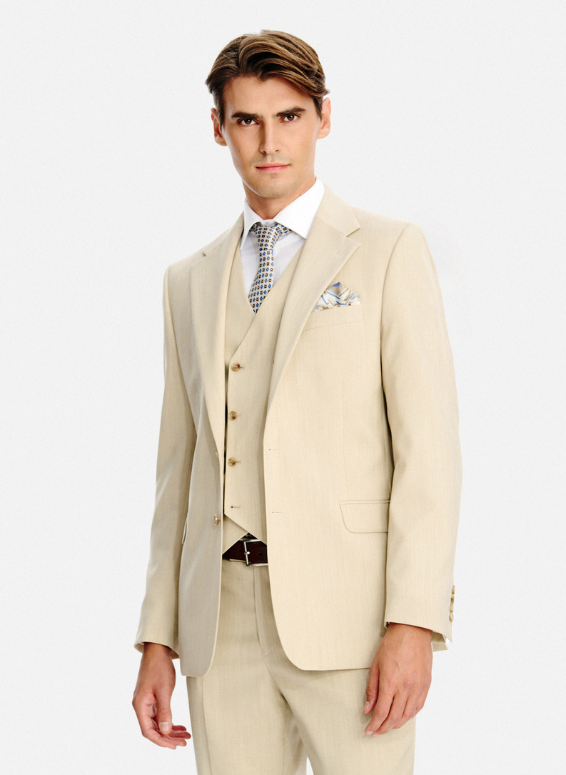 Beżowy wełniany garnitur męski