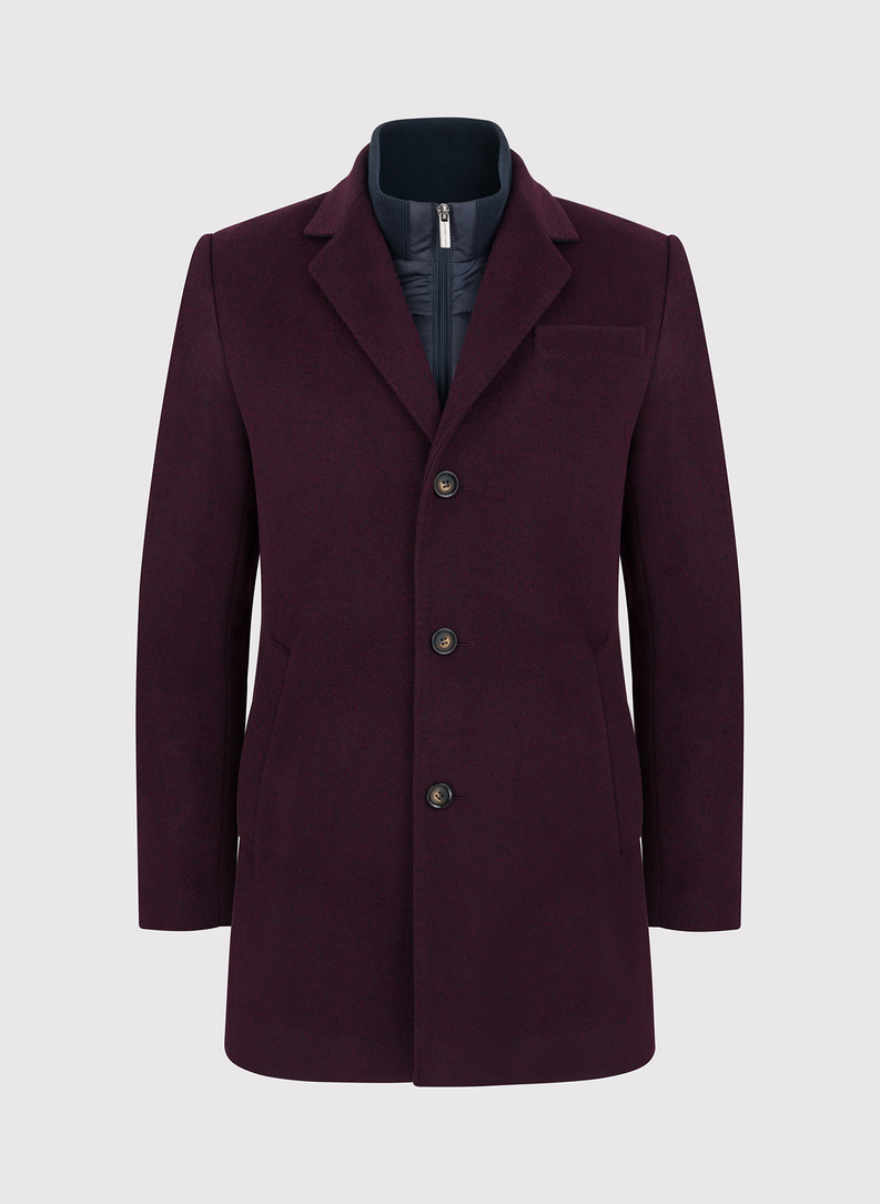 Bordowy płaszcz męski z odpinaną stójką