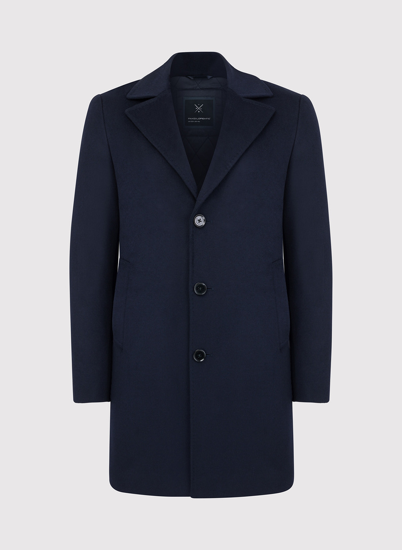 Męski granatowy płaszcz z wełną