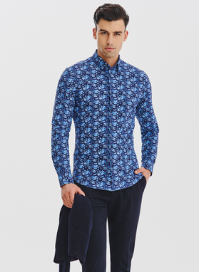 Granatowa dzianinowa koszula w kwiaty