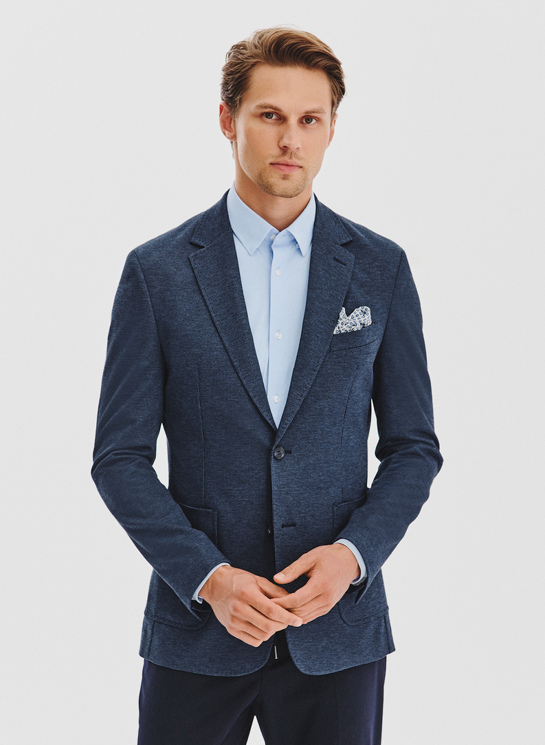 Granatowa marynarka w pepitkę z dzianiny