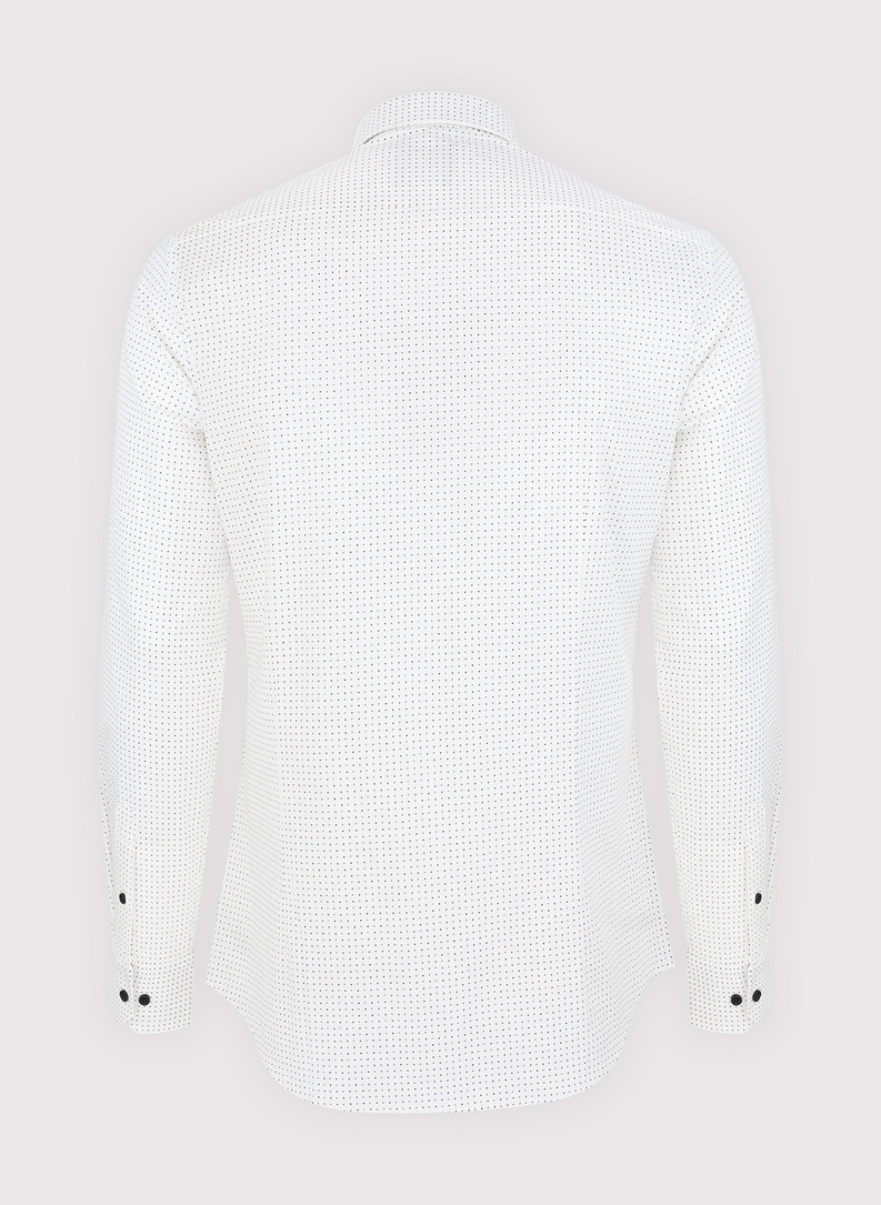 Biała koszula w granatowo-beżowy mikrowzór