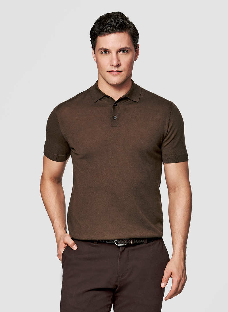 Brązowe polo swetrowe z wełny merino