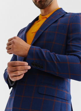 Granatowa casualowa marynarka męska w rudą kratę