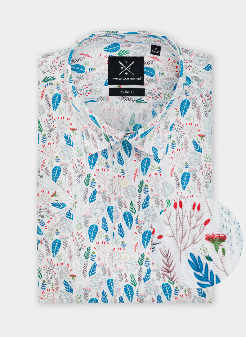 Biała koszula męska na krótki rękaw w kolorowy roślinny deseń