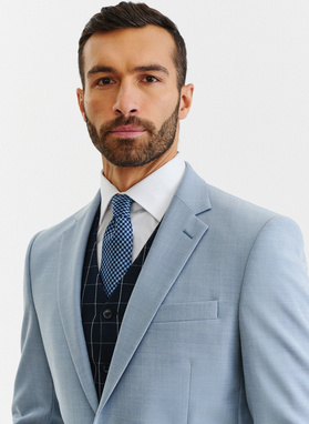 Gładki błękitny garnitur męski z wełny