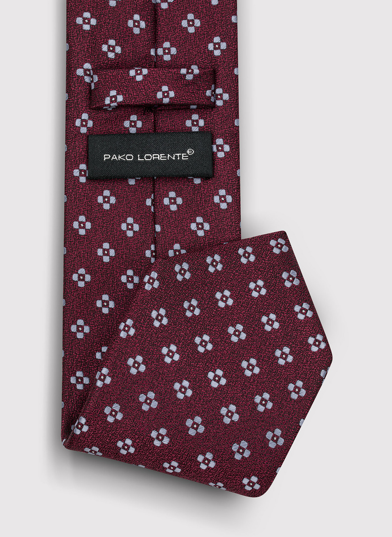 Bordowy krawat męski w szare drobne kwiatki