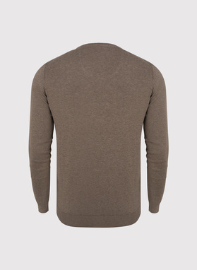 Beżowy gładki sweter męski z dekoltem w serek