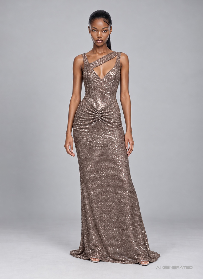 Długa cekinowa sukienka CRYSTAL FEVER MAXI DRESS beżowy