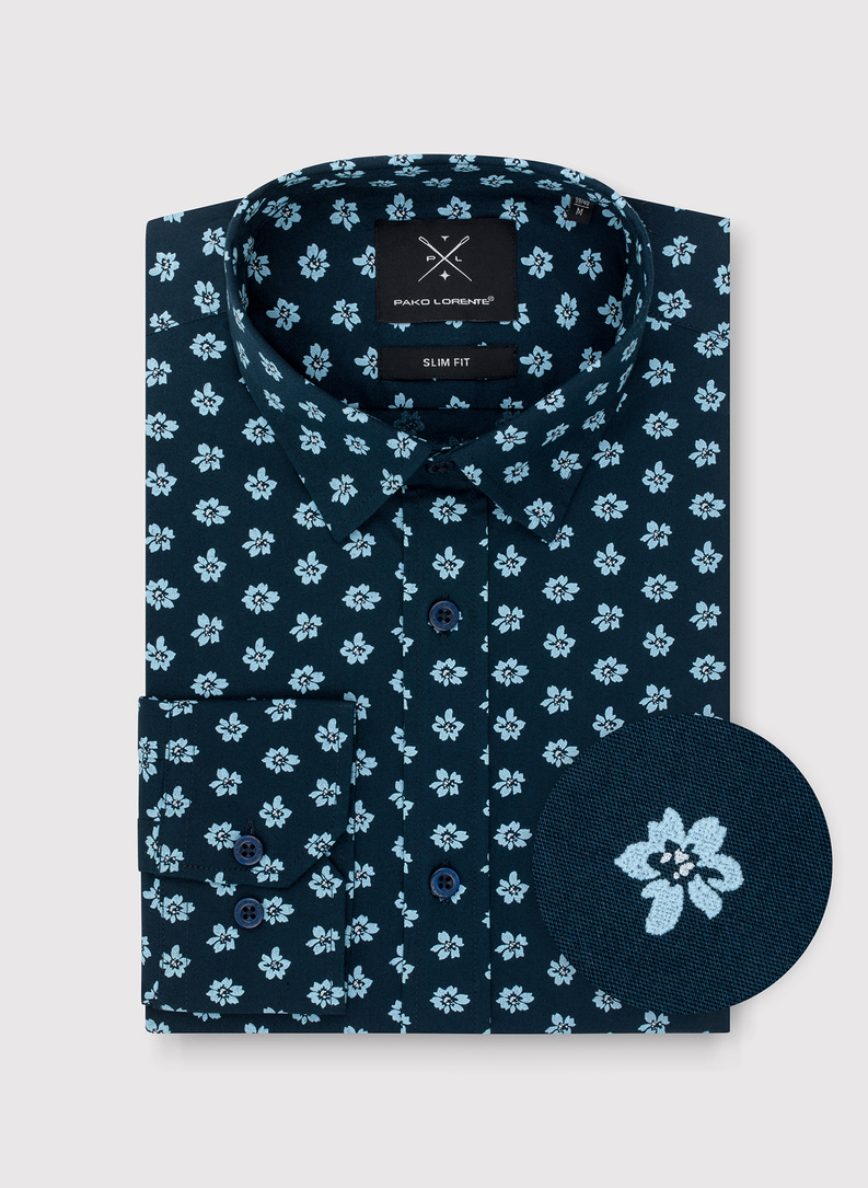 Granatowa koszula męska w kwiaty