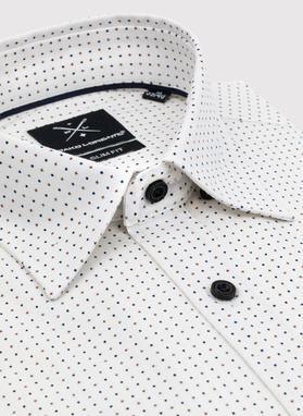 Biała koszula w granatowo-beżowy mikrowzór